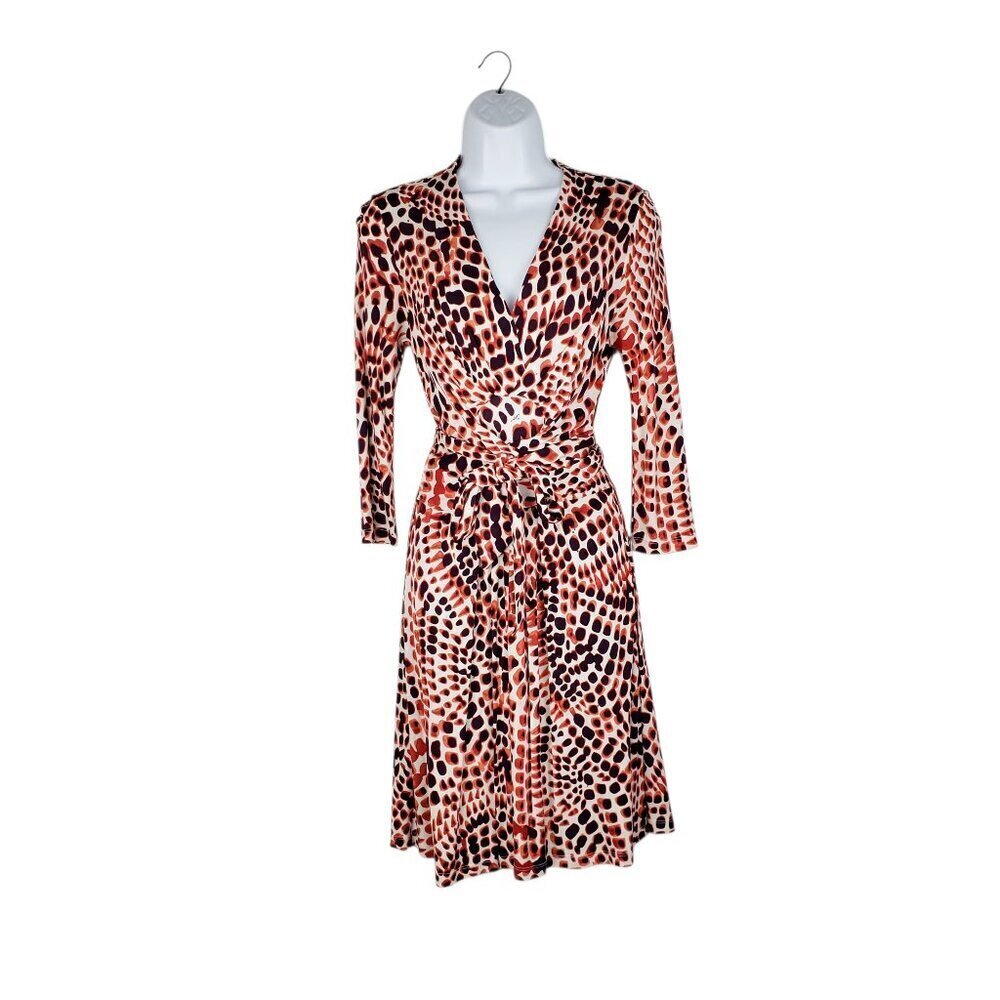 Banana Republic Issa Collection Dress XS Red Ceramic Print Wrap Waist 3/4 Sleeve